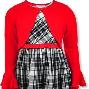 Bonnie Jean Holiday Plaid Dress with Red Sweater Cardigan Set